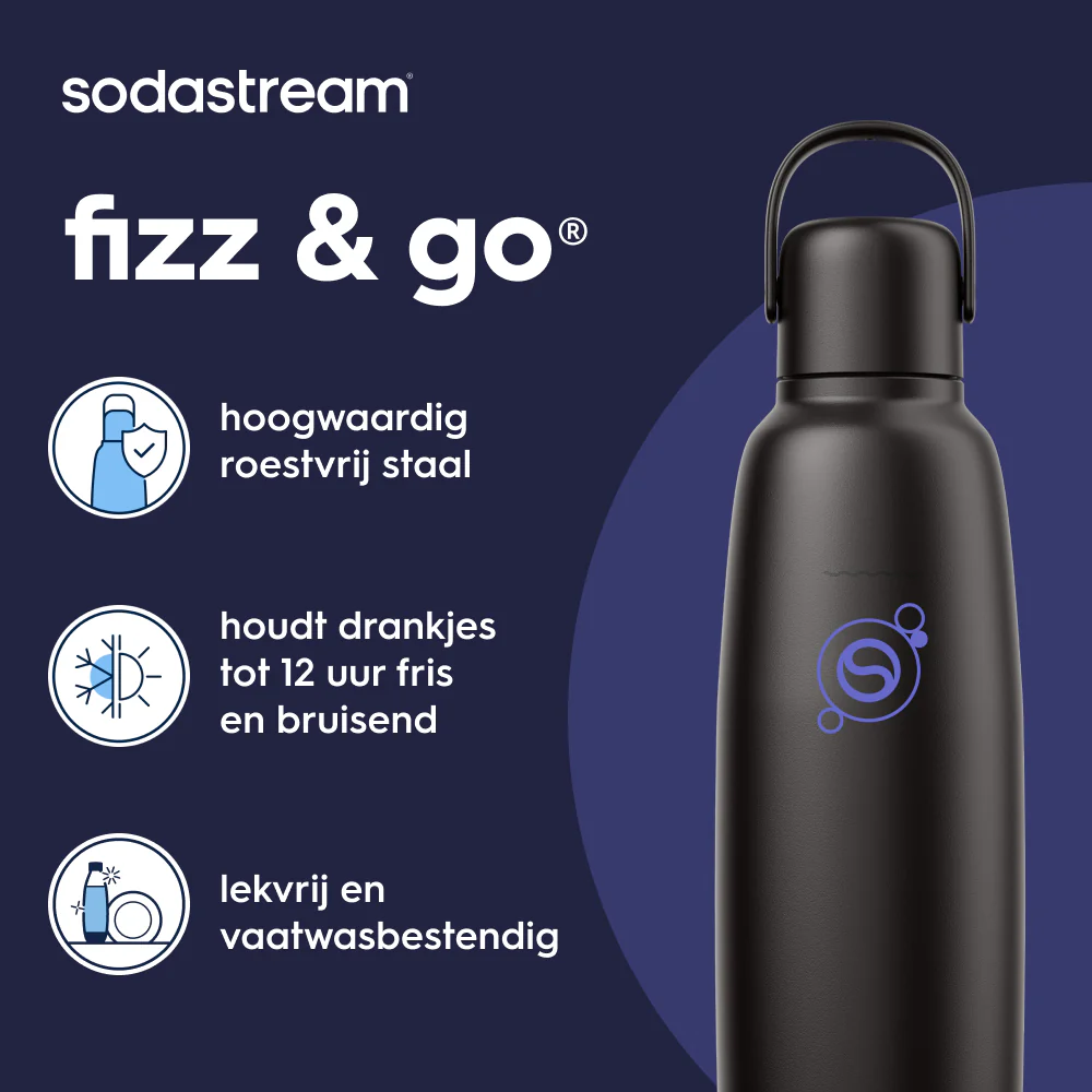 0.9L Sodastream fizz & go™ roestvrijstalen bruiswaterfles zwart - Image 2